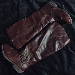 Chocolate Brown Faux Leather Boots (Knee-High)
